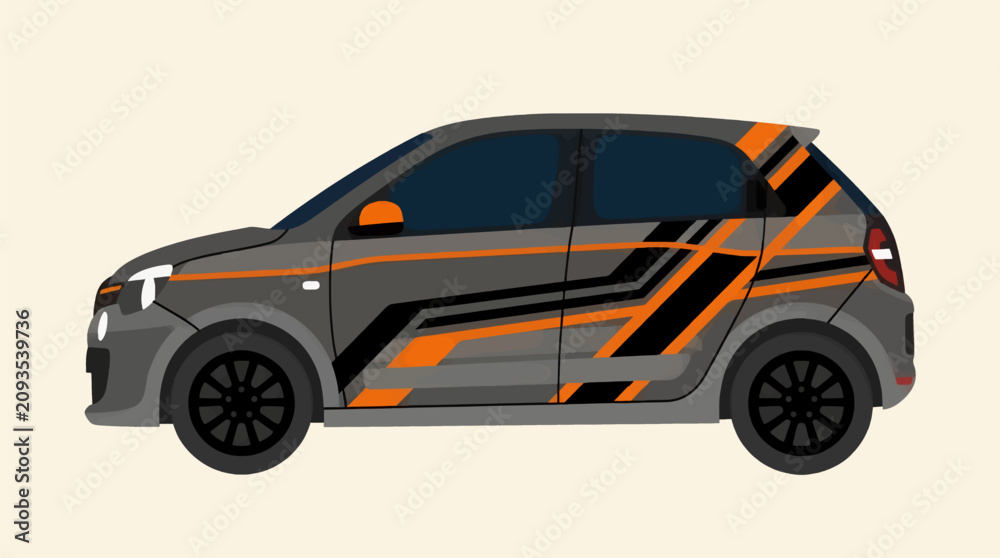 Fototapeta premium Flat Vector Illustration of a Grey Compact City Car with Orange and Black Sporty Decals, Sleek Minimalist Design, Side View on a Light Cream Background, Graphic Resource