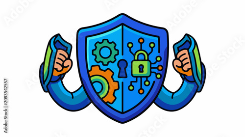 Cyber security shield with gears and lock supported by arms