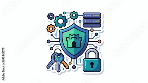 Cyber security shield with keys lock gears and servers