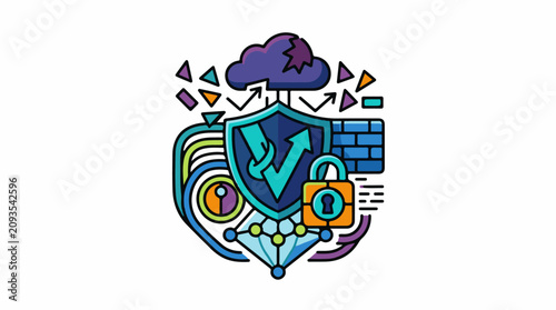 Cyber security shield with lock cloud and brick wall