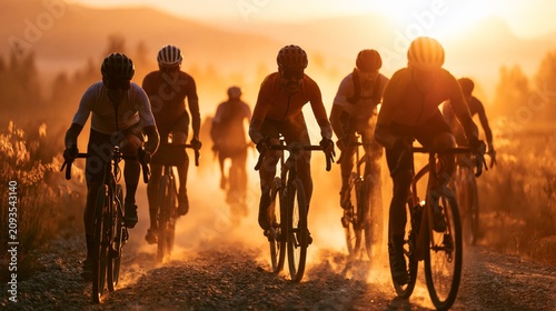 Group of Cyclists Riding Gravel Bikes Through Country Road at Sunrise