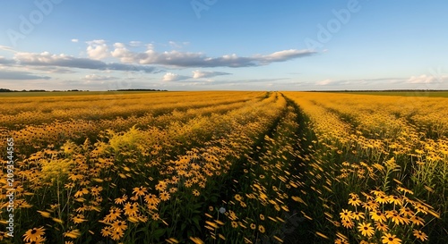 Golden Wildflower Field Blooming Under Blue Sky in Open Countryside