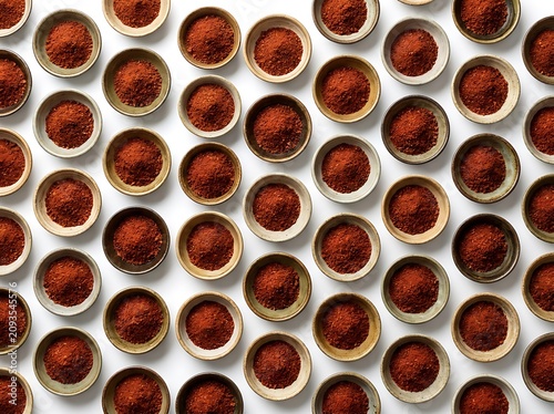 Many small bowls filled with red paprika powder arranged in a neat grid pattern. gochujang powde