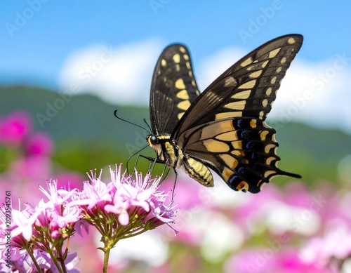 Yellow Swallowtail Butterfly Feeding on Pink Flower in Sunny Garden