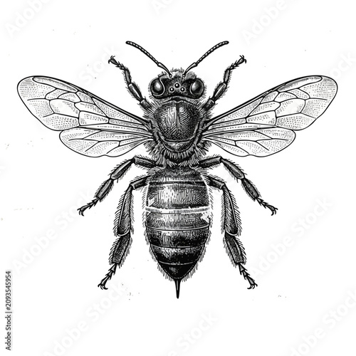 Scientific botanical style engraving of a worker honeybee on a white paper background