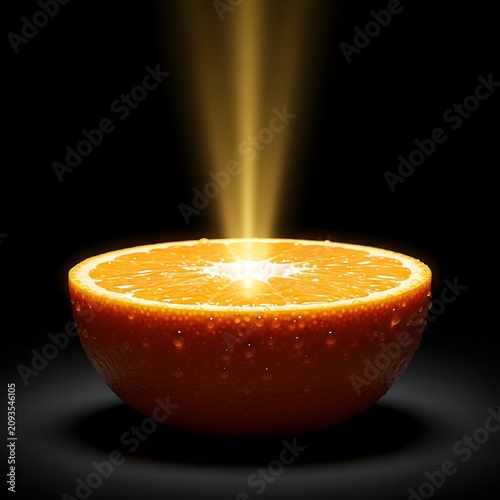 Glowing Fresh Orange Half Radiating Golden Light on Dark Background