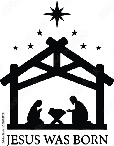 Cuadro en lienzo Black silhouette of nativity scene with star and text Jesus was born Jesus Chris