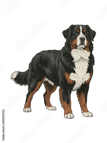 Bernese Mountain Dog standing. Large canine breed isolated on white. Pet.