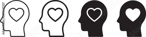 Human head with heart icon. Mental health and love symbols. Psychology and emotional wellness concept.