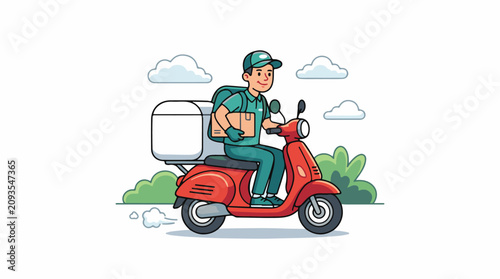 Delivery person on a red scooter with a package and delivery box