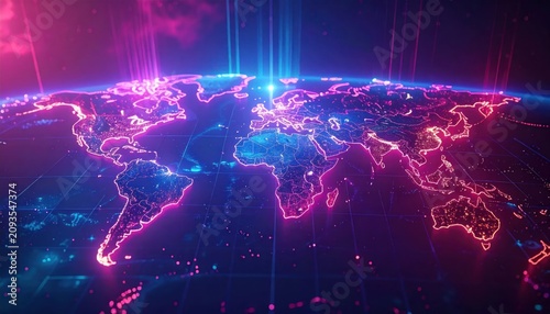 Glowing neon world map at night.