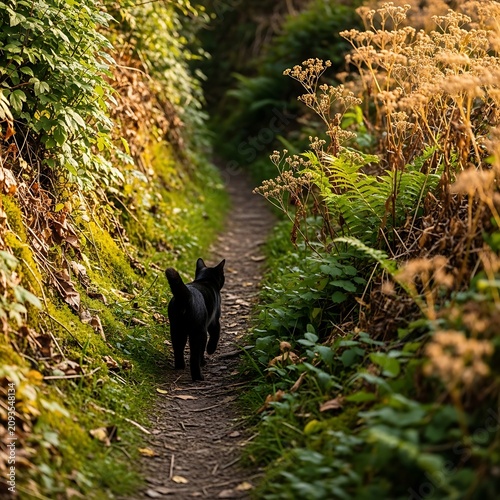 Black Cat Walking Along Narrow Garden Path Surrounded by Autumn Foliage