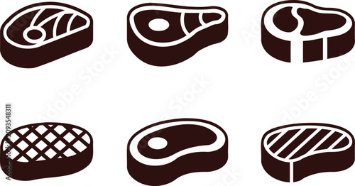 Foto Six brown meat icons on white background for food illustration  various cuts dis
