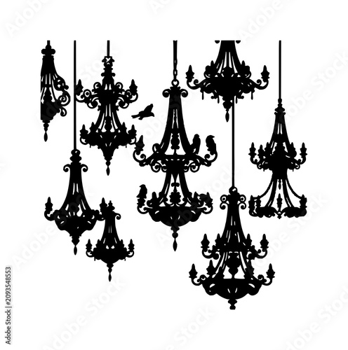 Fotografía Chandeliers set with intricate bird motifs and ornate curves featuring black and