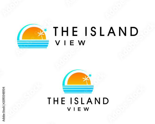 A logo design featuring a beautiful beach and island landscape.