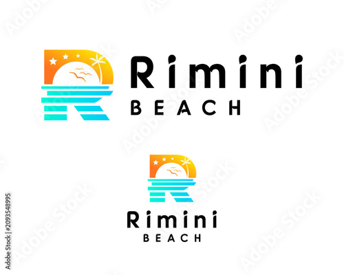 A logo design featuring the letter 'R' as a monogram and the stunning Rimini beach.