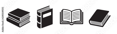 Schilderij op canvas Set of black book icons, various book styles, stacked books, and open book vector illustrations