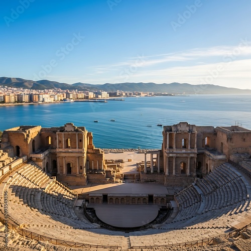 Ancient Stone Amphitheater Overlooking Calm Blue Sea and Coastal City