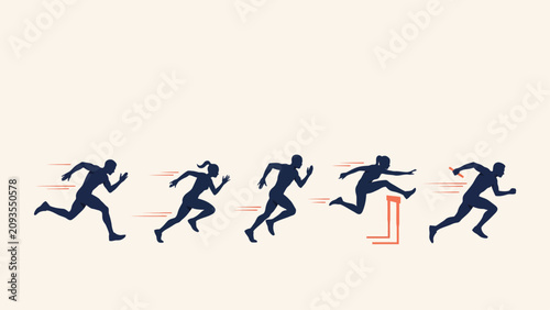 Schilderij op canvas Dynamic silhouette sequence of runners and hurdle jumpers with motion lines silh