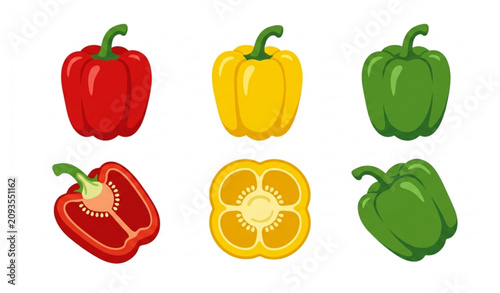 Colorful bell pepper vector collection with red yellow and green vegetables isolated on white
