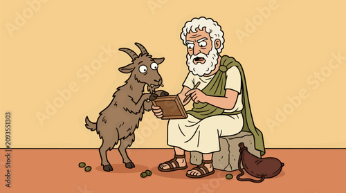 Photography Ancient Greek Philosopher Character Illustration with Goat, Writing on Tablet, O