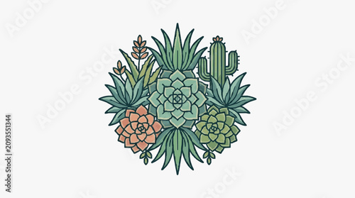 Obraz na plátne Colorful illustrated collection of various cacti and succulents.