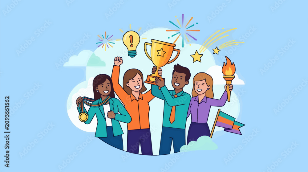 Fototapeta premium Diverse Business Team Celebrating Success with Trophy, Medal, Torch, and Lightbulb Illustration, Flat Design Style with Copy Space