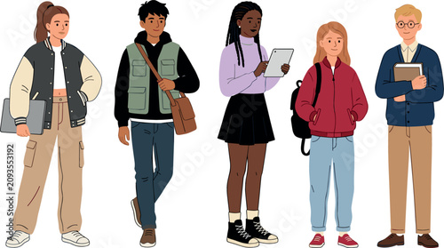 Quadro su tela Students Group Vector Set Diverse Teenagers Standing Together With Backpack Tabl