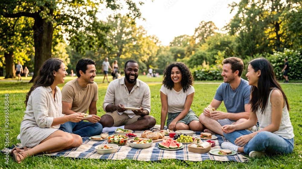 Fototapeta premium Multicultural Friends Sharing Food and Conversation at a Sunny Park Picnic