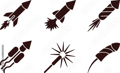 Slika na platnu Collection of rocket and firework silhouettes in various flying positions and ex