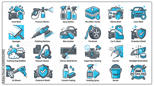 Set of professional car detailing icons featuring cleaning tools like pressure washer, vacuum and polisher, representing automotive maintenance and provides vehicle care services