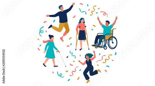 Diverse group of happy people with disabilities celebrating and jumping amidst colorful confetti on white background, representing social inclusion, illustrating empowerment and accessibility