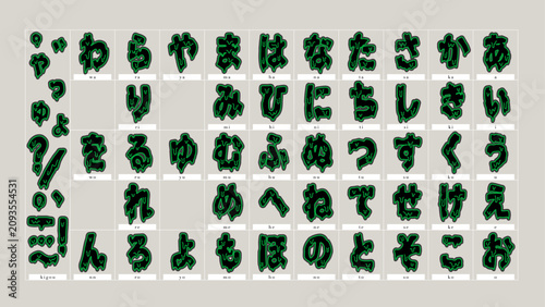 Tableau sur toile スライム溶け文字ネオングリーン発光アウトライン・ひらがな全文字セット・ホラー・ゲーム・サイバーパンク・ハロウィン・タイトルロゴ・SNS用ベクターイラスト素材