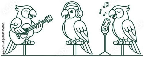 Photography Three cute parrots performing music set with acoustic guitar and mic icon