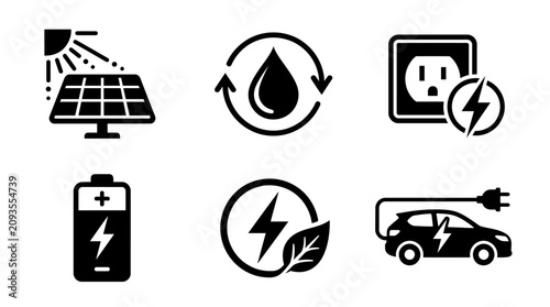 Eco friendly energy icons set with solar panel, battery, car