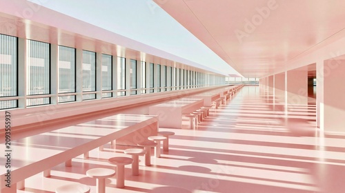 Bright minimalist symmetrical modern all pink long dining hall interior with large vertical windows and natural sunlight shows contemporary monochromatic architectural design