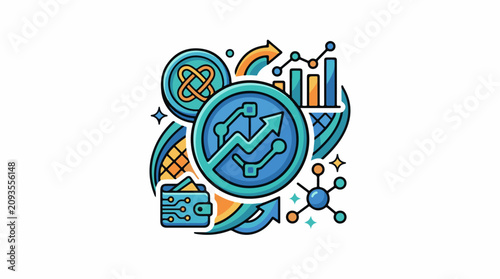 Digital finance and growth chart with wallet and molecule