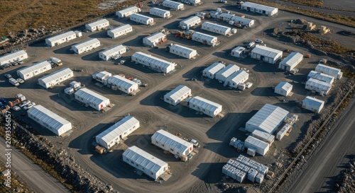 Aerial view of numerous temporary emergency shelters arranged in a structured outdoor camp setting, showcasing essential temporary housing solutions.