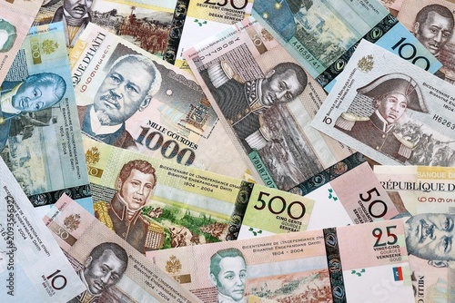 Canvas Print Haitian gourde money banknotes pile on table