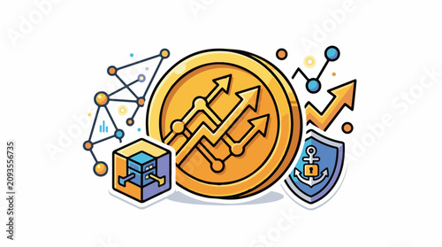 Digital finance symbols coin network cube shield growth