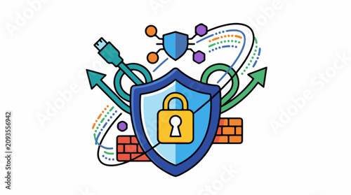 Digital firewall shield with padlock network connections and arrows