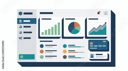 Digital financial dashboard with charts graphs and payment card