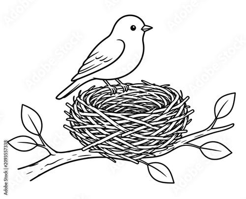 Foto Minimalist bird nest line art vector, small songbird perched on twig with leaves