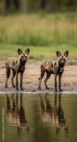 Two African Wild Dogs Standing Beside Calm Water in Natural Wetland