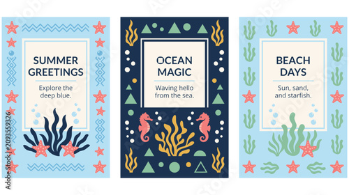Photography Three beach and ocean themed summer greeting cards with marine life