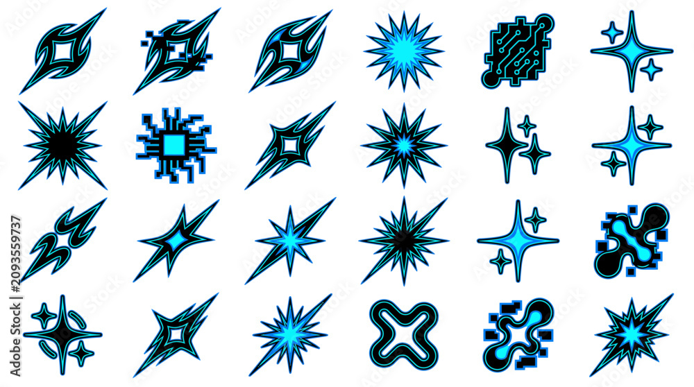 Fototapeta premium Set of futuristic blue cyber icons and Y2K aesthetic star shapes isolated on white background, representing modern digital graphic design elements and tech branding assets