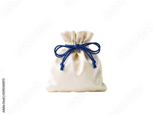 Small drawstring pouch with blue rope. Fabric gift bag isolated on transparent background. Eco friendly storage sack.