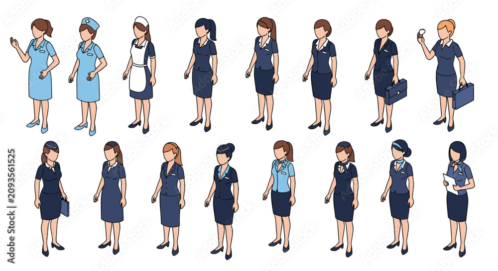 Obraz premium Diverse collection of isometric women figures dressed in various professional service uniforms like nurse and pilot.