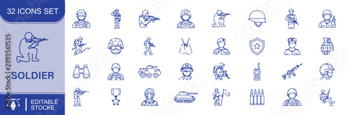 Canvastavla Soldier Military Vector Outline Icons Set – Army, Defense, Combat Equipment and
