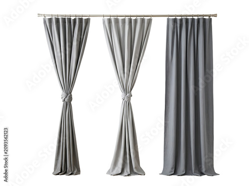 Gray curtains on a rod. fabric drapes for home decor. Stylish window treatment design set.